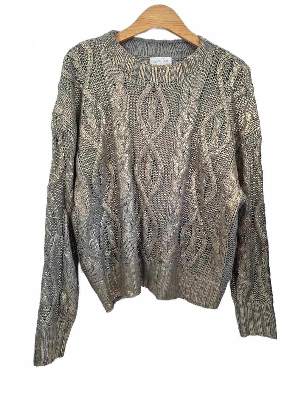 Grace & Lace Foiled Cable Knit Champagne Shimmer Sweater Size M/L – Beautiful